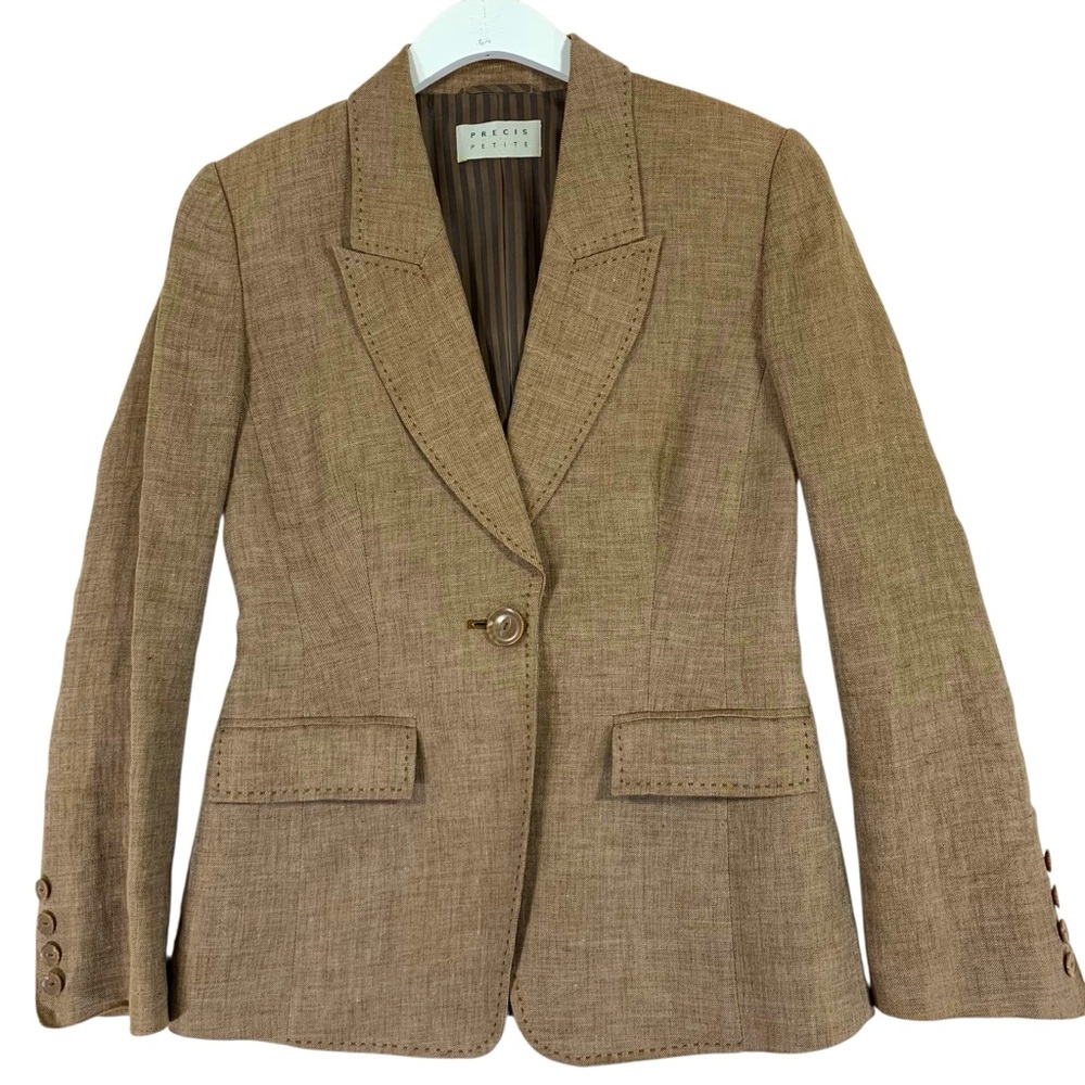 Precis petite Women's tan tailored Suit Jacket 100% linen size 6